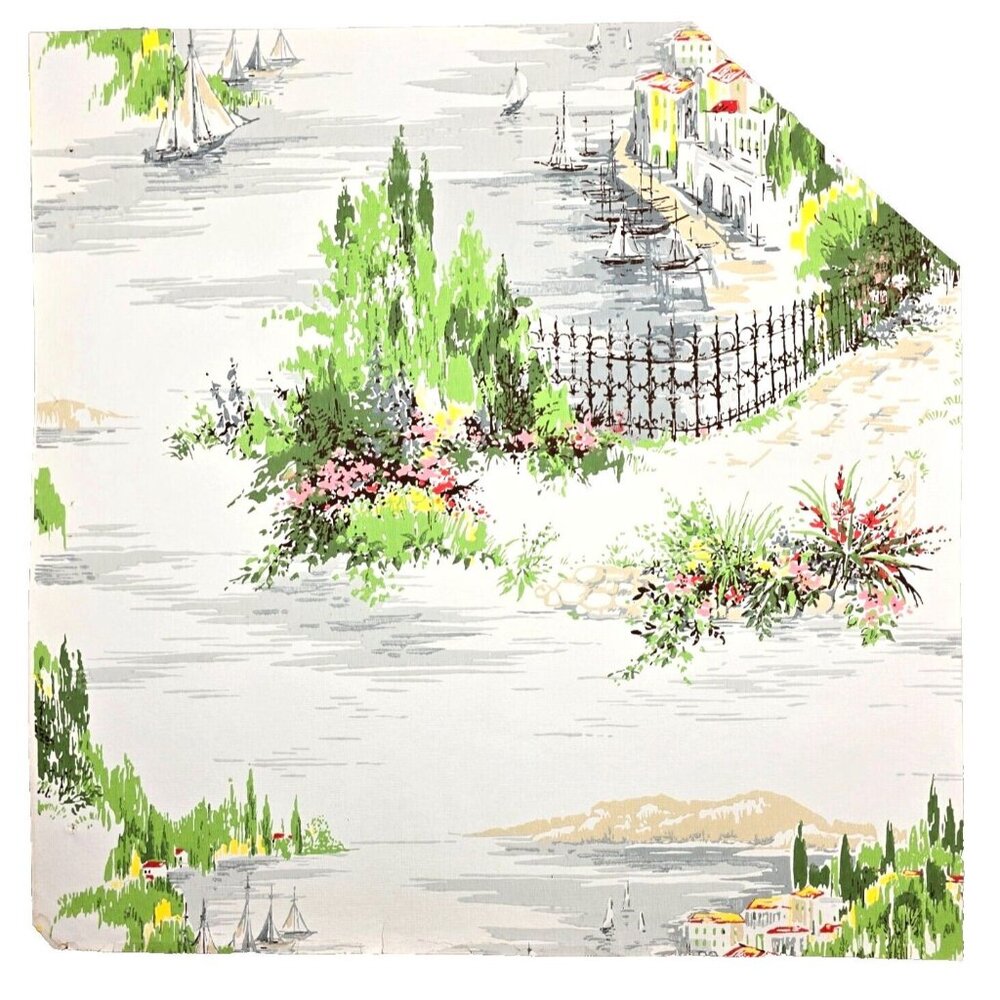 Vintage Wallpaper Sample Sheet 60s 70s Retro Landscape Seaside Town Craft Supply